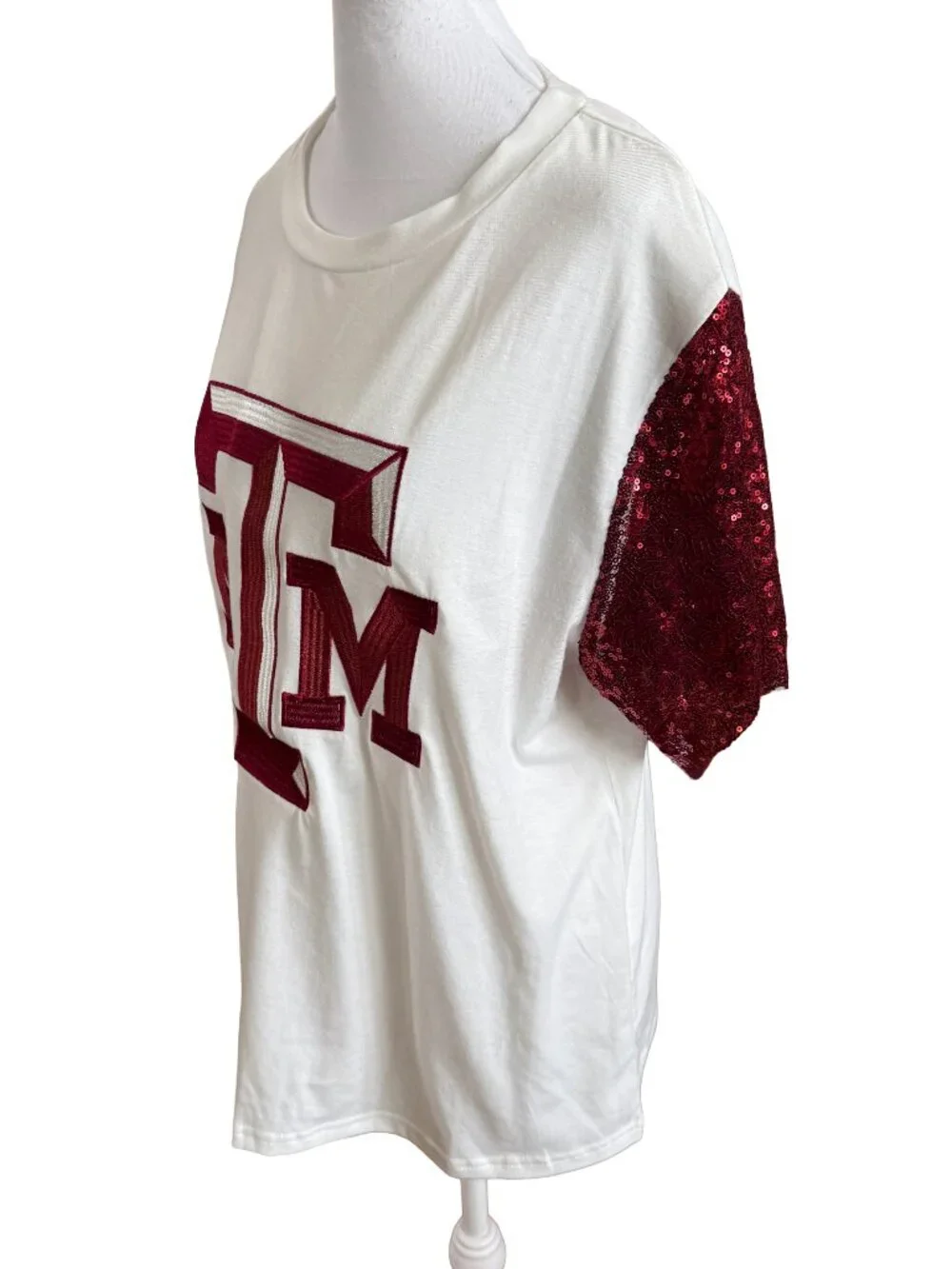 Texas A&M Women's Large White T-Shirt with Red Mesh Sequin Short Sleeves - Picture 2 of 6
